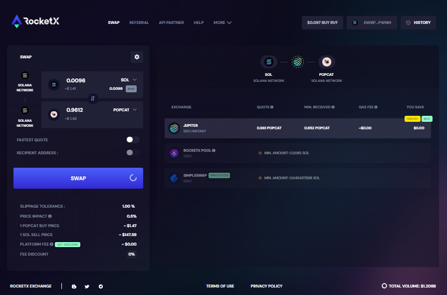 RocketX Exchange interface showing a swap from SOL to Popcat tokens on the Solana Network, with options for Jupiter DEX and RocketX Pool.