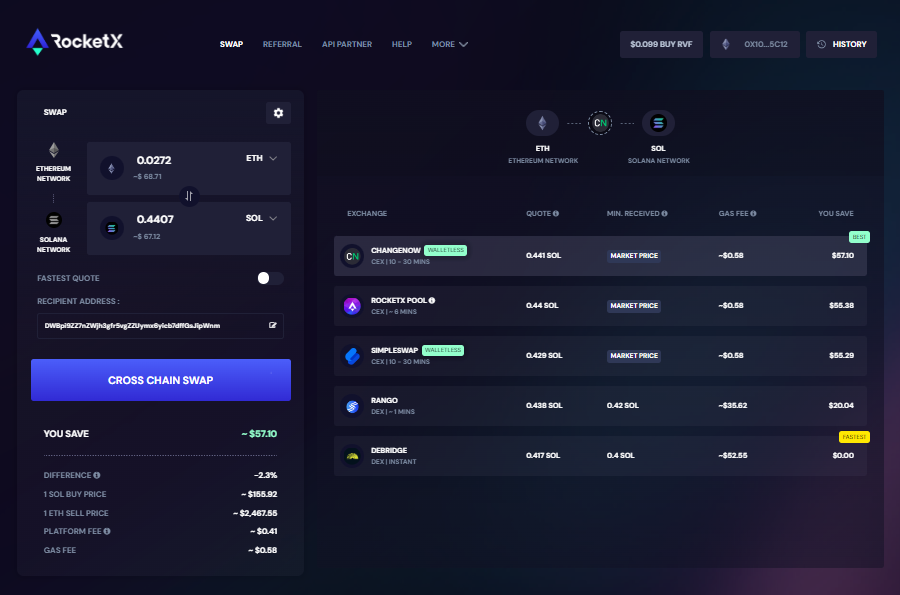 RocketX Exchange interface showing the cross-chain swap process from Ethereum (ETH) to Solana (SOL), with multiple exchange options like ChangeNow and RocketX Pool.