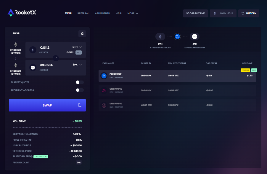 An interface showcasing the swap process from Ethereum (ETH) to SPX6900 on RocketX Exchange, detailing rates, gas fees, and best swap options.