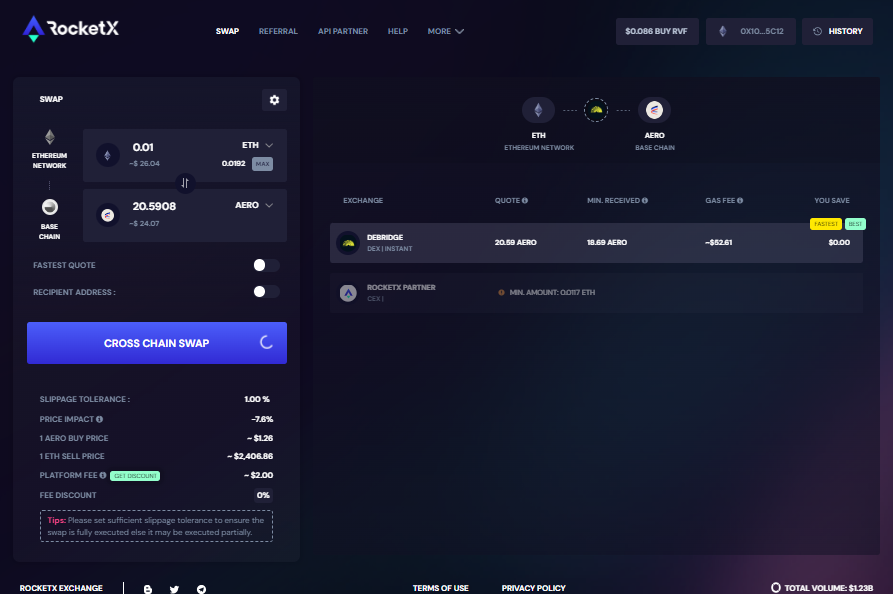 A user interface on RocketX Exchange showing the process of swapping Ethereum (ETH) on the Ethereum network for AERO tokens on the Base chain through cross-chain swapping.