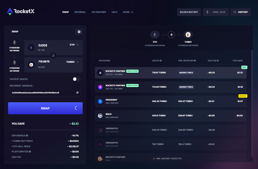 Screenshot of the RocketX Exchange interface showing an Ethereum (ETH) to Turbo token swap.