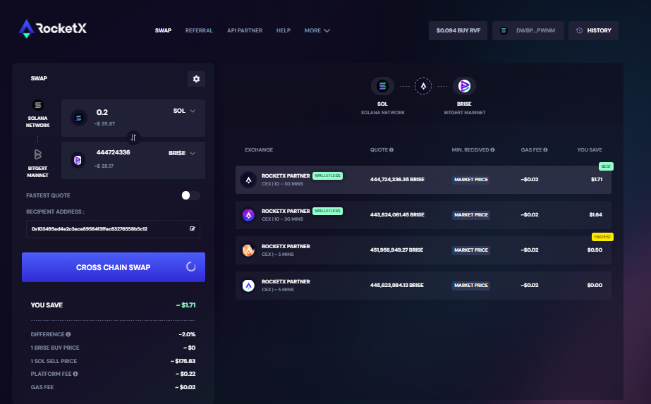 Screenshot of RocketX platform interface showing a cross-chain swap from Solana Network (SOL) to Bitgert Mainnet (BRISE), with options to choose the best quote and estimated fees.