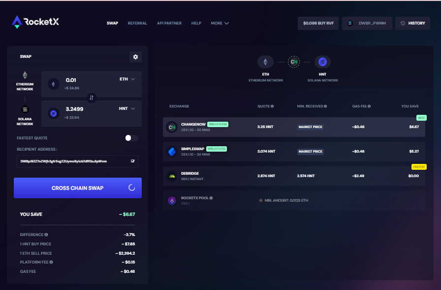 Screenshot showing a cross-chain swap from Ethereum (ETH) to Helium (HNT) on RocketX Exchange. The interface displays various swap options with exchange rates, gas fees, and savings details.