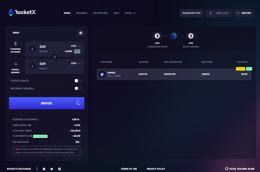 RocketX Exchange interface showing the process of bridging Ethereum (ETH) from the Ethereum network to the Scroll Mainnet.