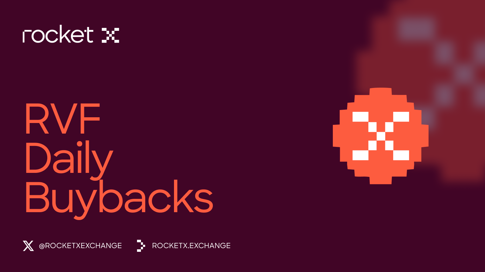 RocketX Exchange RVF Daily Buybacks promotional graphic with orange RocketX logo on a dark purple background.