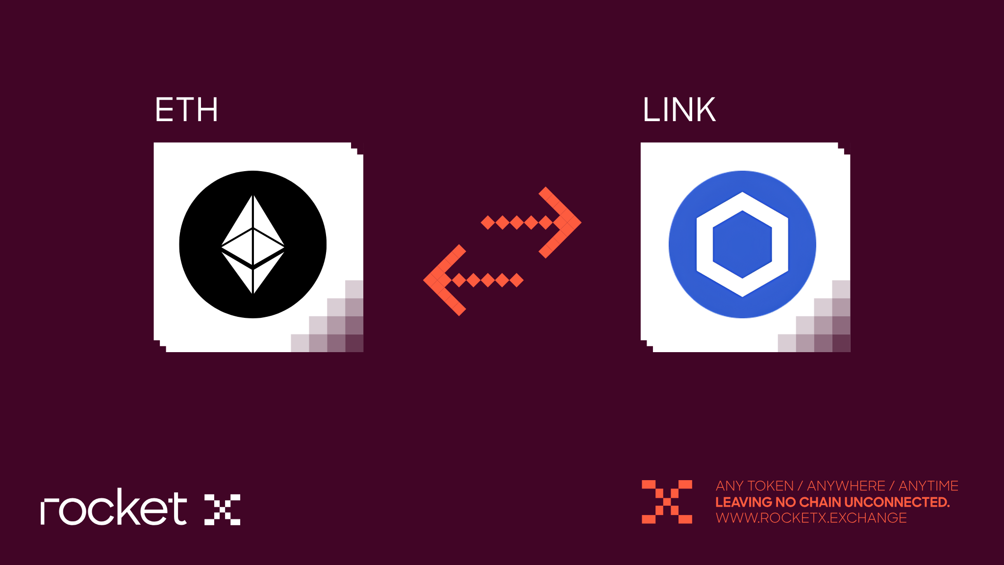 Illustration of Ethereum (ETH) to Chainlink (LINK) swap with RocketX branding.