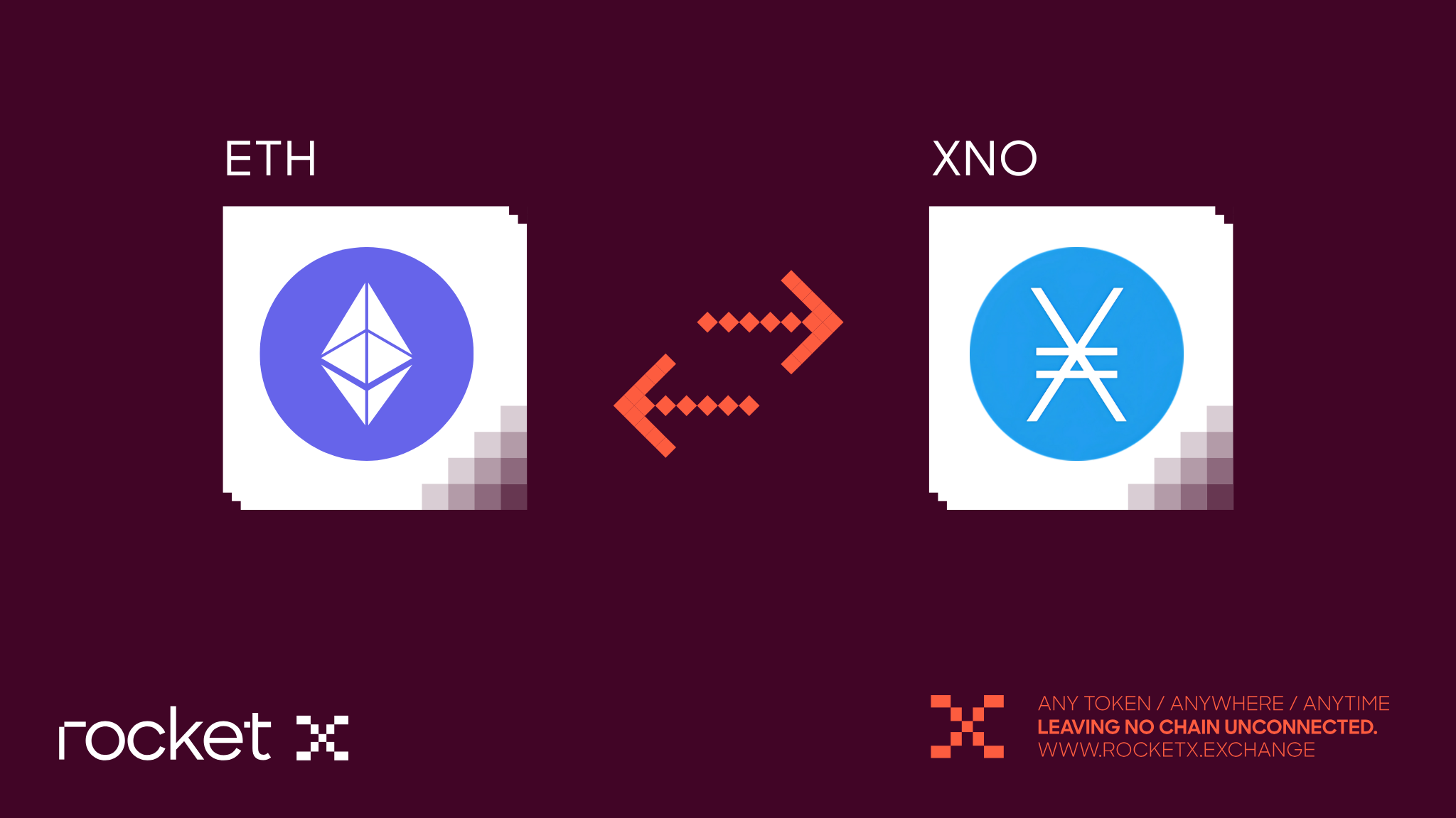 RocketX graphic showing Ethereum (ETH) to Nano Chain (XNO) swap functionality with RocketX branding.