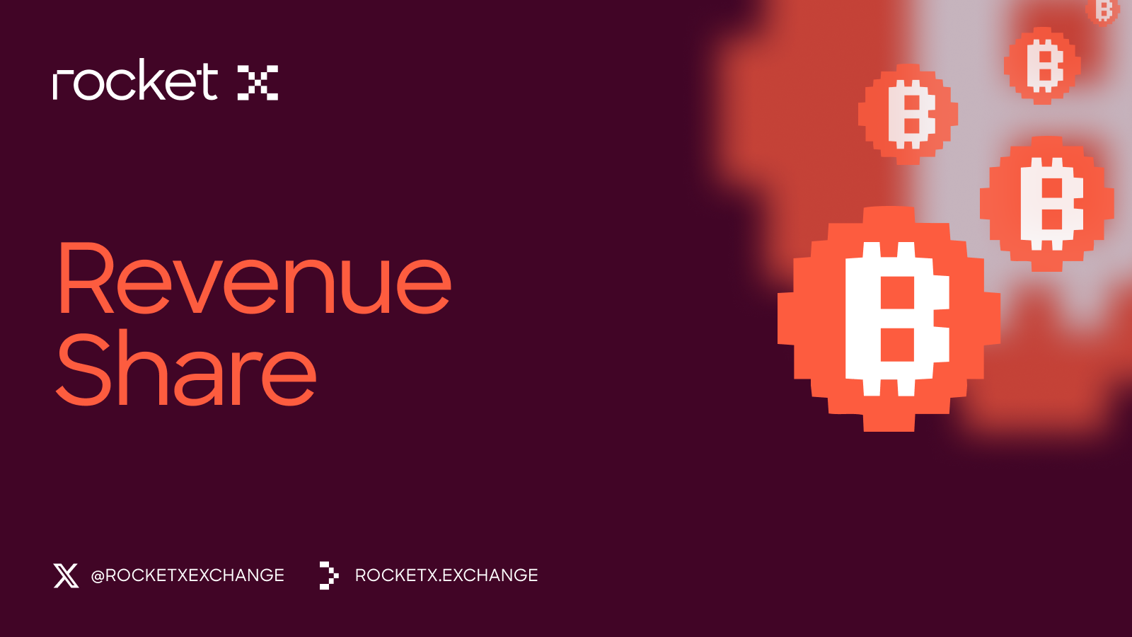 RocketX Exchange Revenue Share Program announcement with pixelated crypto coins on a dark purple background.