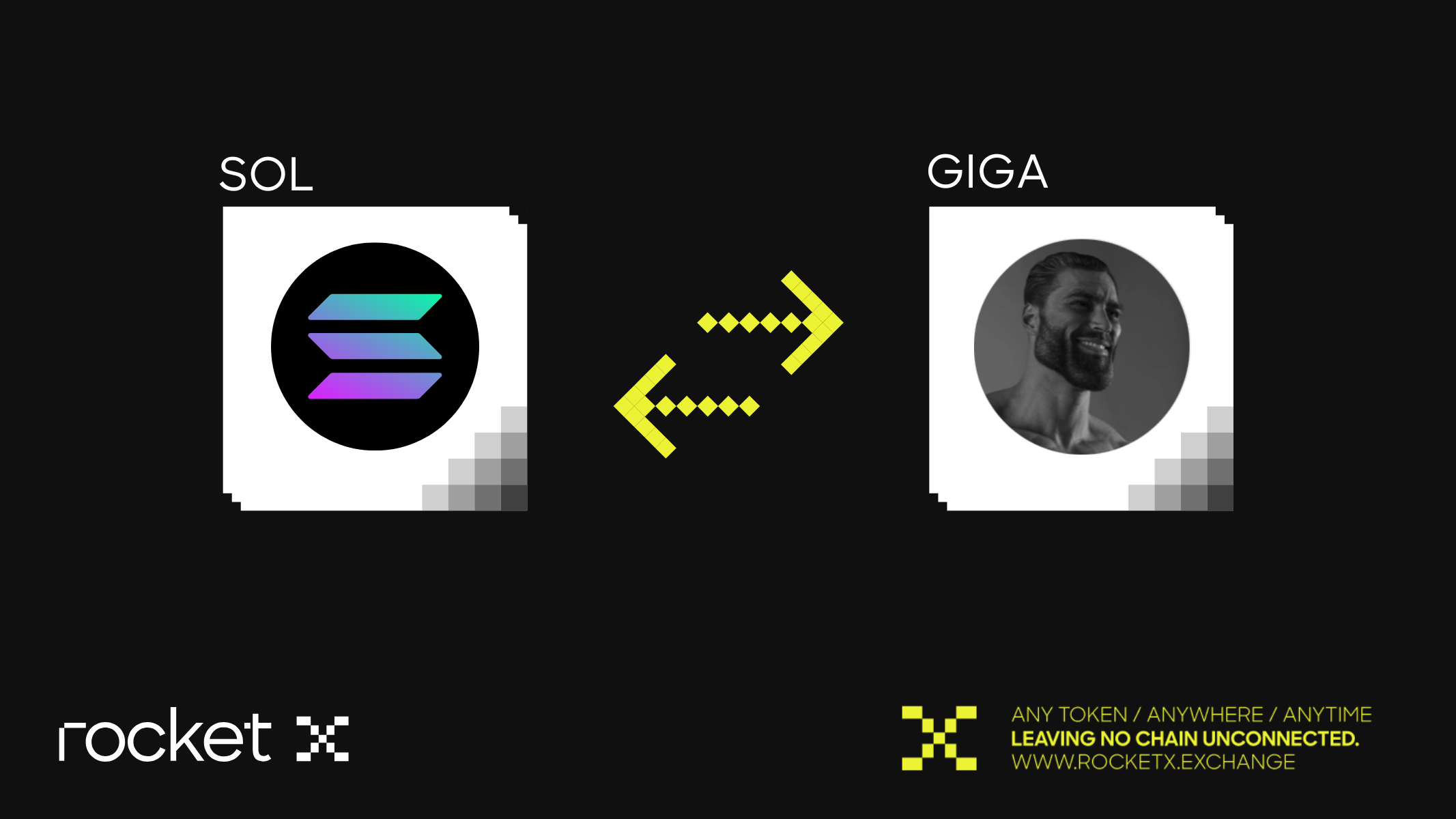 Illustration showing a cross-chain swap between Solana (SOL) and Gigachad (GIGA) with RocketX branding, highlighting the ease of exchanging cryptocurrencies.