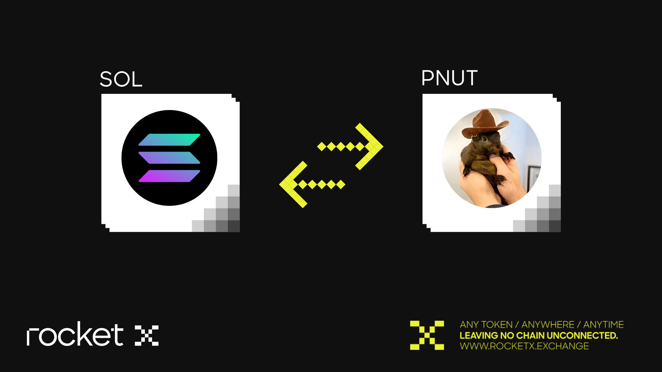 Illustration showing the conversion of Solana (SOL) to Peanut the Squirrel (PNUT) token using RocketX Exchange.