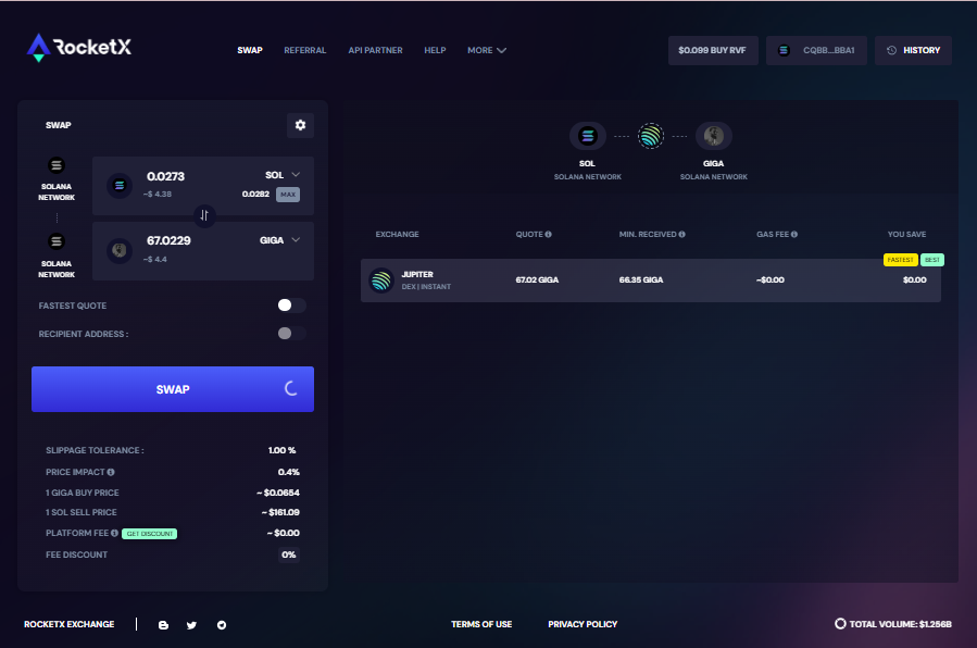 Screenshot of the RocketX Exchange swap interface, showing a transaction of swapping 0.0273 SOL for 67.0229 GIGA on the Solana network with details on fees, slippage, and recipient address options.