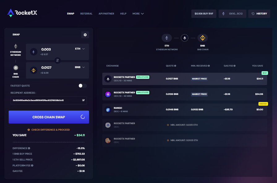 Screenshot of RocketX’s cross-chain swap interface showing an Ethereum (ETH) to Binance (BNB) swap with multiple exchange options, gas fees, and savings information.