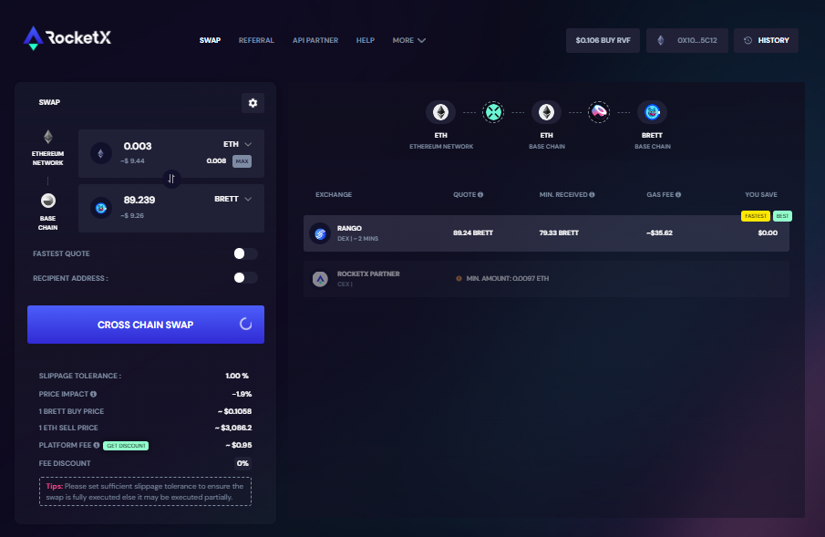 RocketX Exchange cross-chain swap from ETH to BRETT.