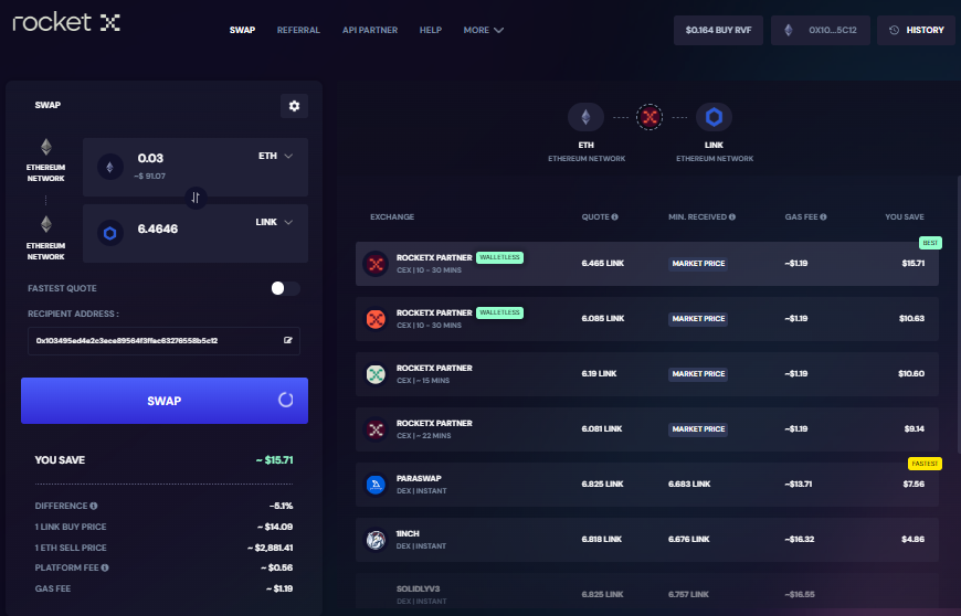 RocketX interface showing options for swapping Ethereum (ETH) to Chainlink (LINK) with different exchange partners, rates, and fees.