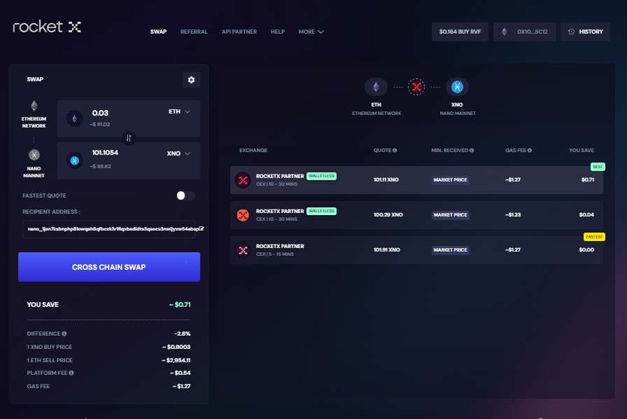 RocketX interface showing cross-chain swap from Ethereum (ETH) to Nano (XNO) with various exchange options, gas fees, and savings.