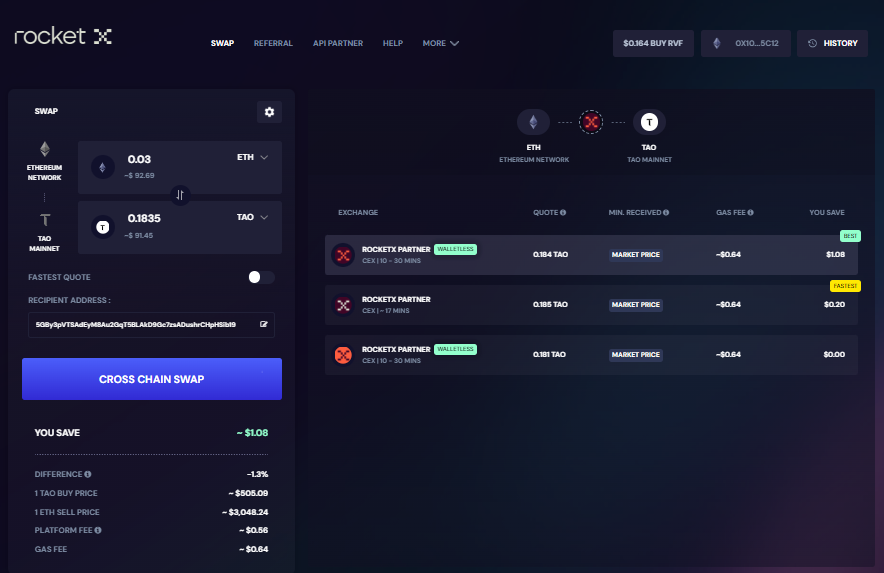 Screenshot of RocketX interface showing the process of swapping Ethereum (ETH) to TAO, the native token of BitTensor.