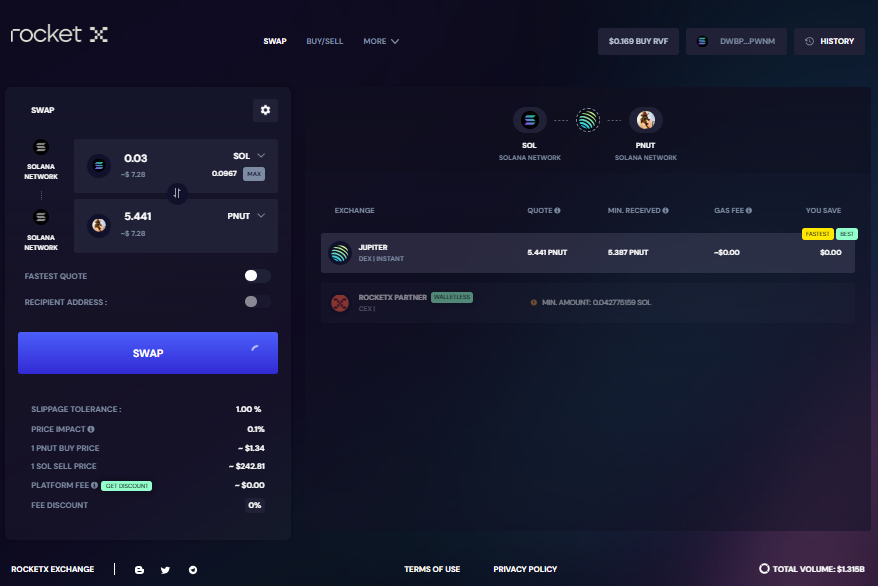 Screenshot of RocketX platform showcasing the process to swap Solana (SOL) for Peanut the Squirrel (PNUT) tokens with transaction details, exchange options, and fees.