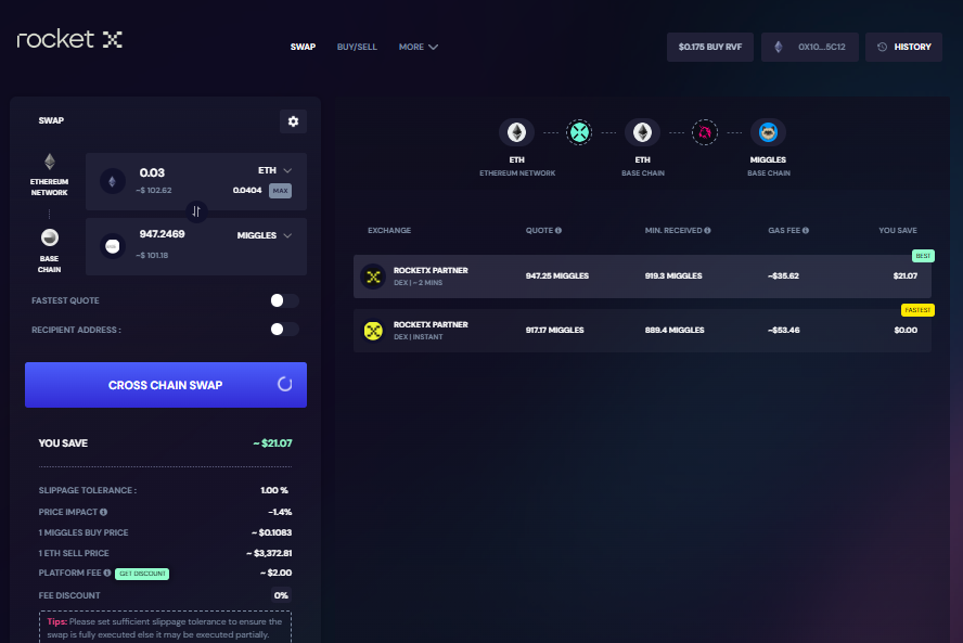 Screenshot of the RocketX platform interface showing a cross-chain swap from Ethereum (ETH) to MIGGLES on the Base Chain, with transaction details, gas fees, and recipient address.