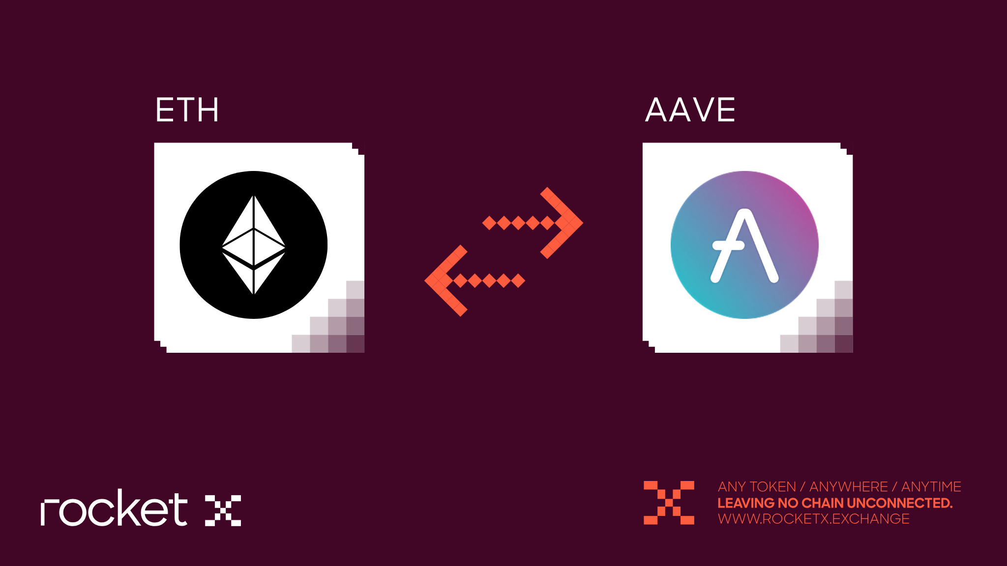 Ethereum (ETH) to AAVE token swap illustrated with RocketX Exchange branding, showcasing seamless cross-chain swaps.