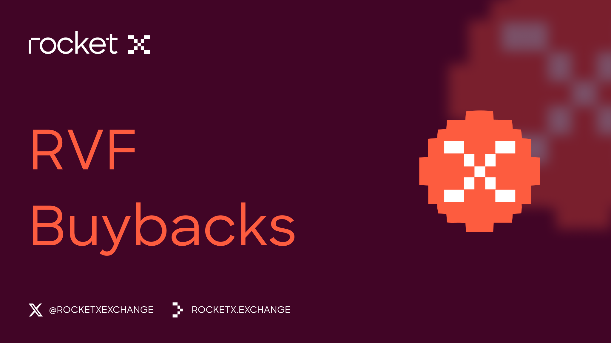 RocketX Exchange RVF Buybacks promotional graphic with orange RocketX logo on a dark purple background.