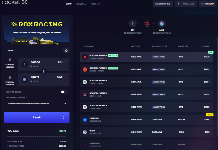 RocketX Exchange interface displaying the process of swapping Ethereum (ETH) for AAVE tokens, highlighting multiple partner options, rates, and transaction times.