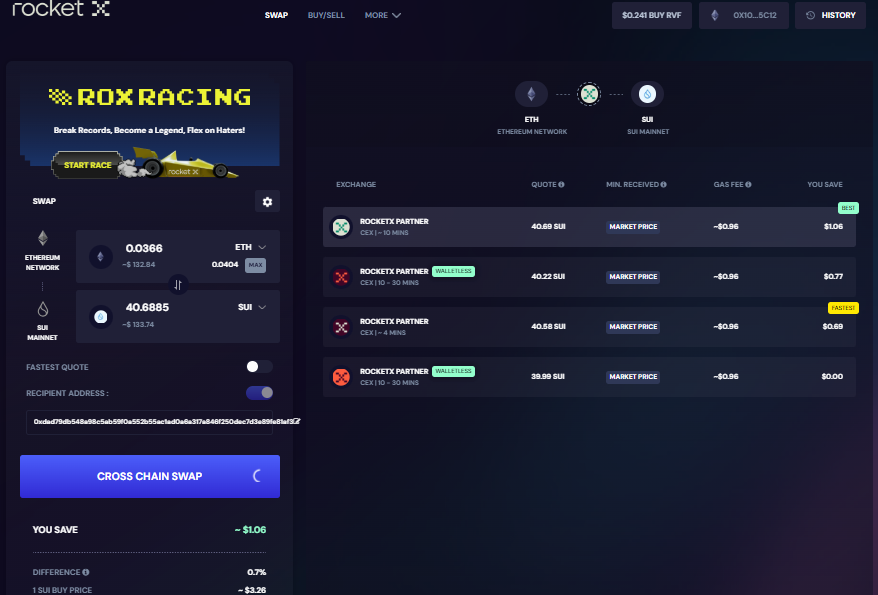 RocketX Exchange interface displaying the process of bridging Ethereum (ETH) to SUI tokens, showcasing cross-chain swap options and exchange details.