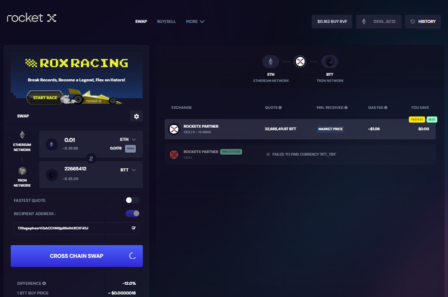 A RocketX Exchange interface showcasing the process of swapping Ethereum (ETH) tokens on the Ethereum network to BitTorrent (BTT) tokens on the Tron network.