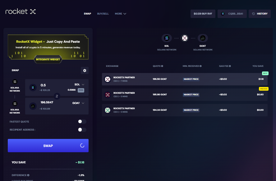 Screenshot of the RocketX Exchange interface showing the process of swapping 0.5 SOL to 196.5647 GOAT tokens on the Solana network.