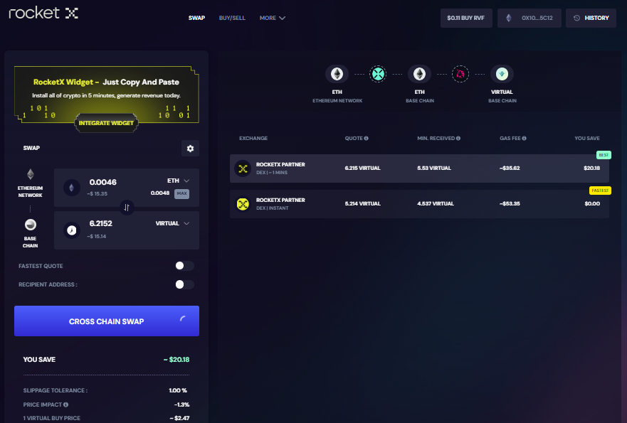 creenshot of the RocketX Exchange interface showing a cross-chain swap from Ethereum (ETH) to VIRTUAL on the Base chain, with multiple options for fastest and best quotes.