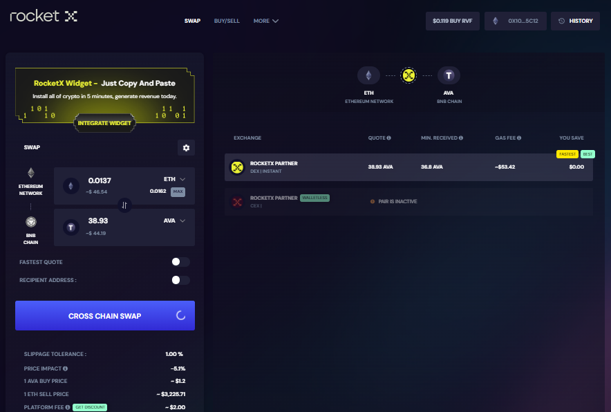 Convert Ethereum (ETH) to AVA tokens on the Binance Smart Chain seamlessly with RocketX Exchange's hybrid liquidity aggregator, perfect for Travala bookings.