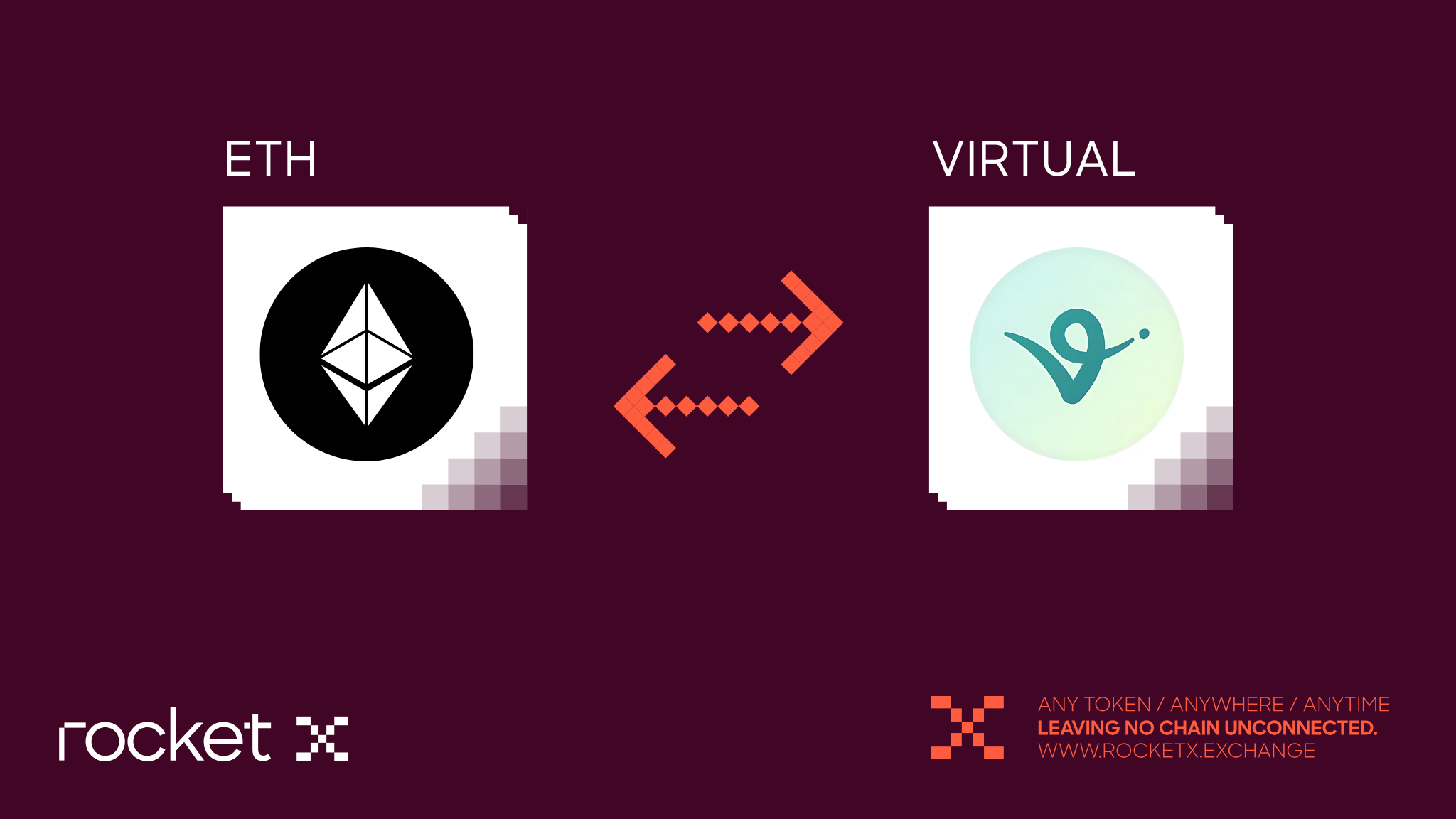 Visual representation of swapping Ethereum (ETH) for Virtuals protocol ($VIRTUAL) token using RocketX Exchange