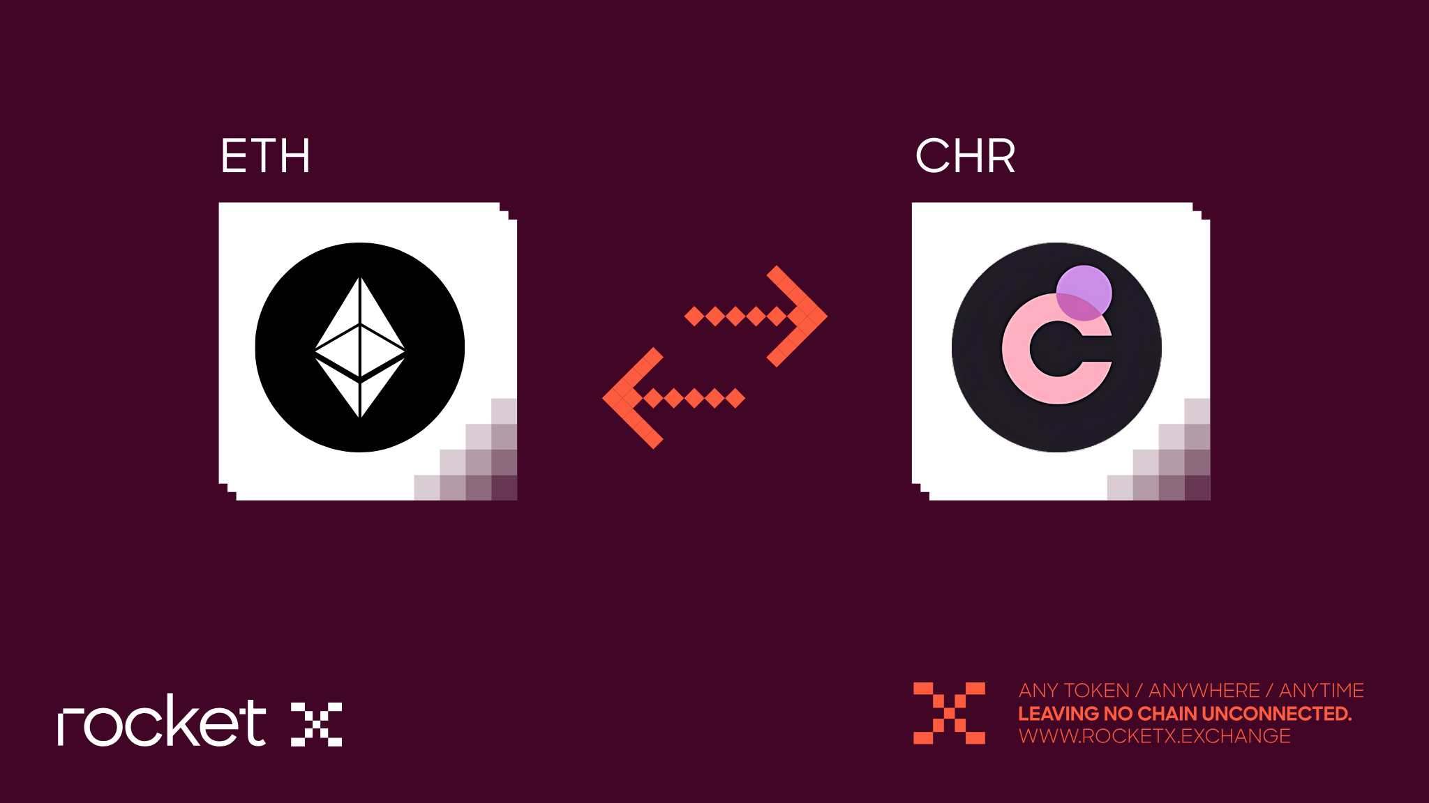 Illustration showing the process of swapping Ethereum (ETH) to Chromia (CHR) tokens using RocketX Exchange.