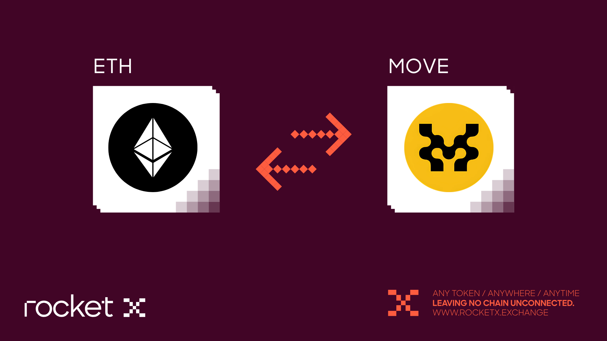 Illustration showing Ethereum (ETH) to Movement (MOVE) token swapping with the RocketX Exchange logo and tagline, "Any Token / Anywhere / Anytime.