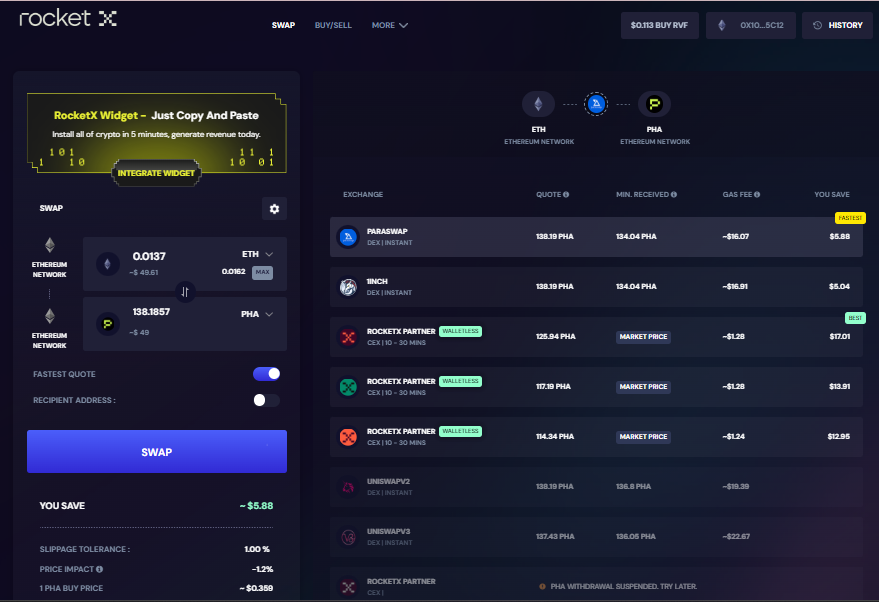 Screenshot of RocketX Exchange interface showcasing the process of swapping Ethereum (ETH) for Phala (PHA) tokens. The image highlights multiple liquidity providers, quotes, gas fees, and the best price selection.