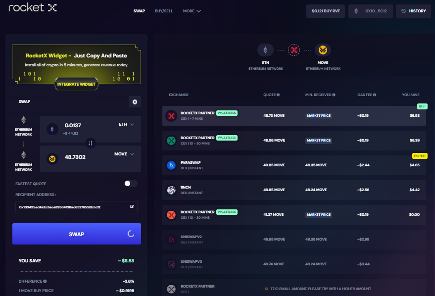 Screenshot of the RocketX Exchange interface displaying the process of swapping Ethereum (ETH) for MOVE tokens on the Ethereum network, showcasing multiple liquidity options and price comparisons.