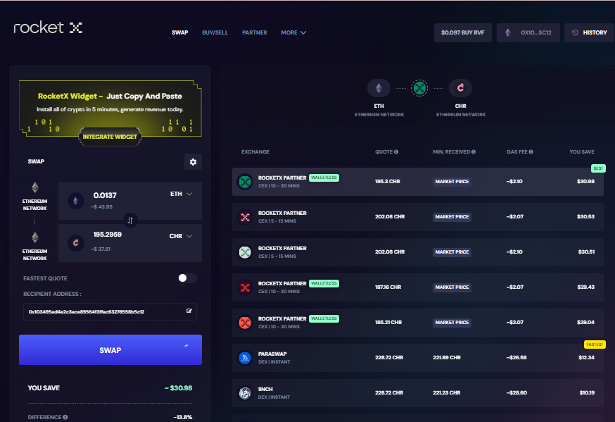 Screenshot of the RocketX interface showing the process of swapping Ethereum (ETH) to Chromia (CHR) tokens with detailed exchange options, including gas fees and savings.