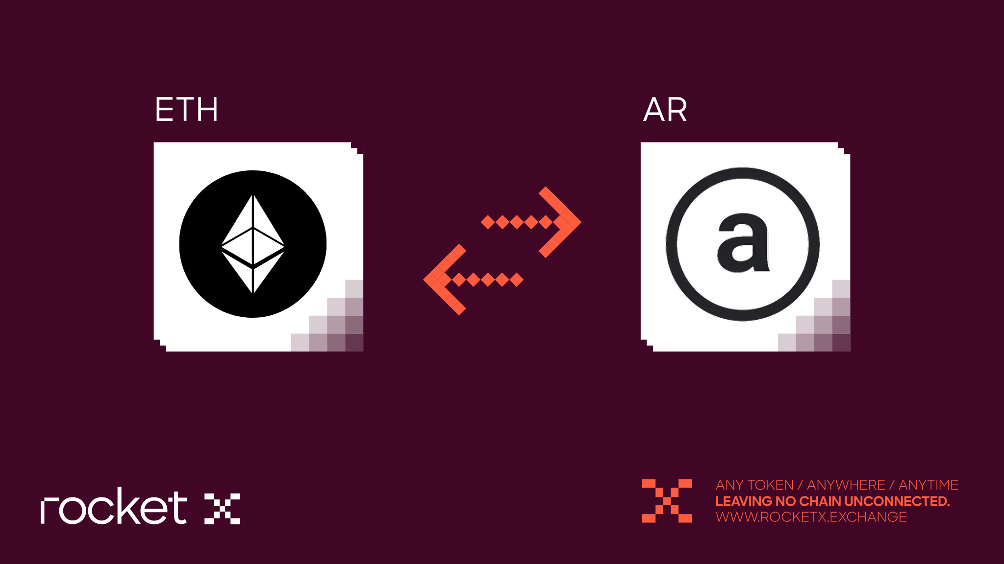 ETH to AR token swap using RocketX Exchange. The image shows Ethereum (ETH) and Arweave (AR) logos connected by bidirectional arrows, indicating a smooth cross-chain exchange.