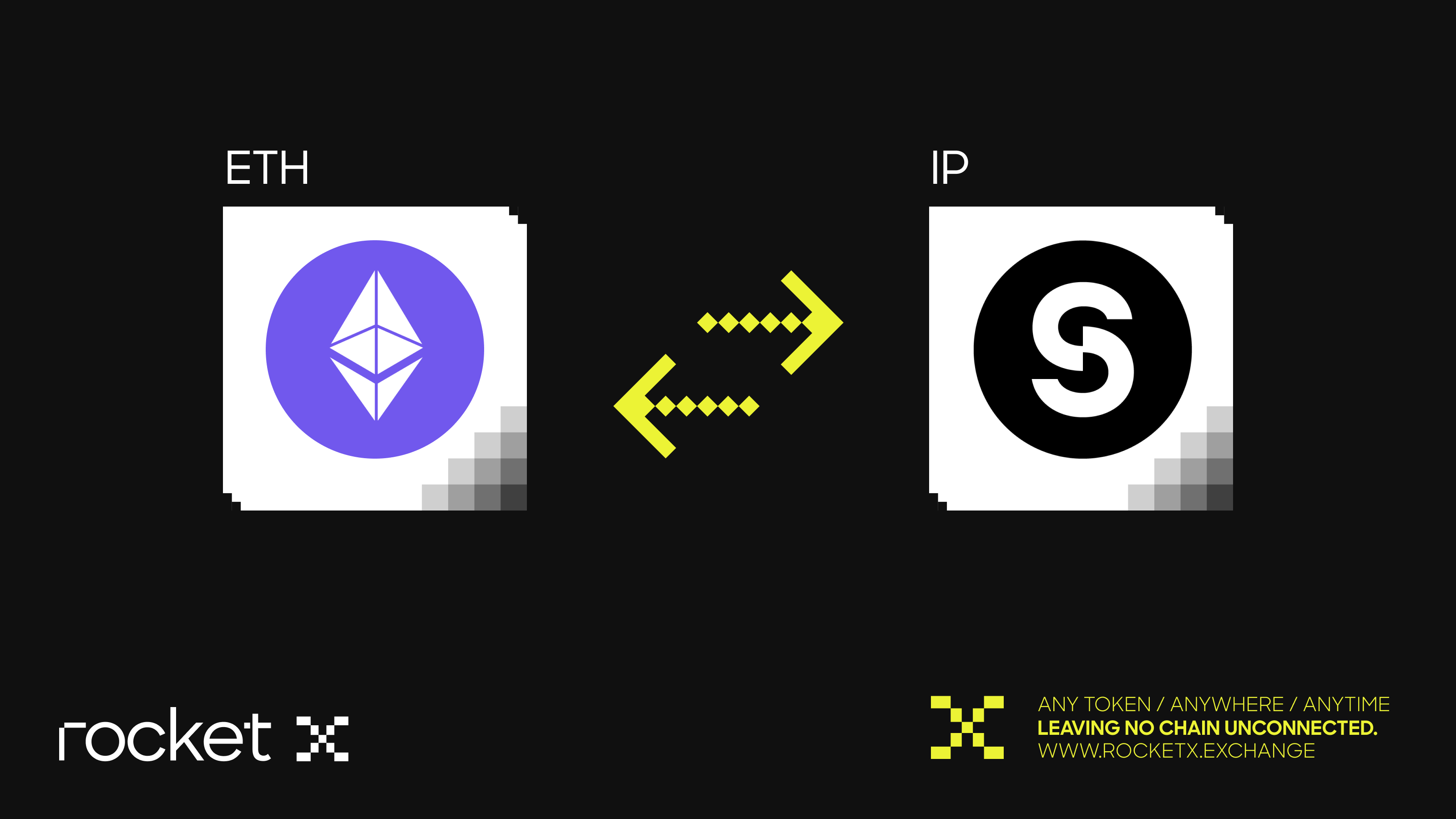 An illustration showing the process of swapping Ethereum (ETH) to IP tokens on Story Protocol using RocketX Exchange, highlighting seamless cross-chain transactions.