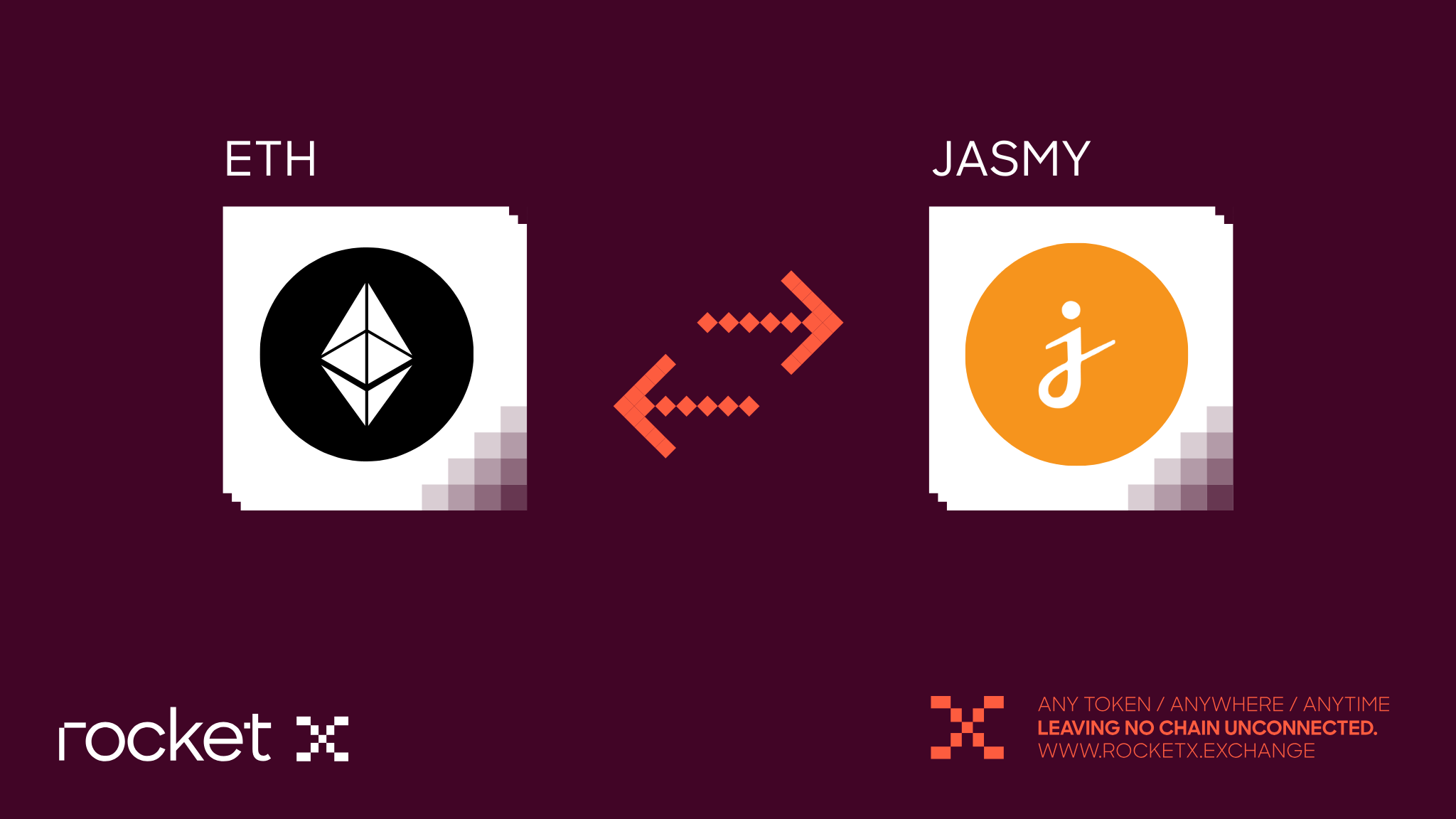 A digital graphic showing Ethereum (ETH) and Jasmy (JASMY) token icons with bidirectional arrows indicating exchange. The RocketX Exchange logo and tagline 'Any Token / Anywhere / Anytime – Leaving No Chain Unconnected' are displayed on a dark maroon background.