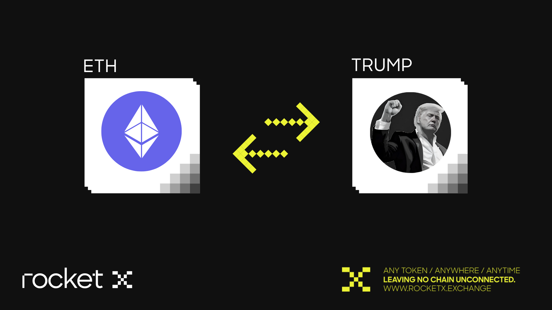 Ethereum (ETH) logo and TRUMP memecoin logo connected by swap arrows, with RocketX branding below.