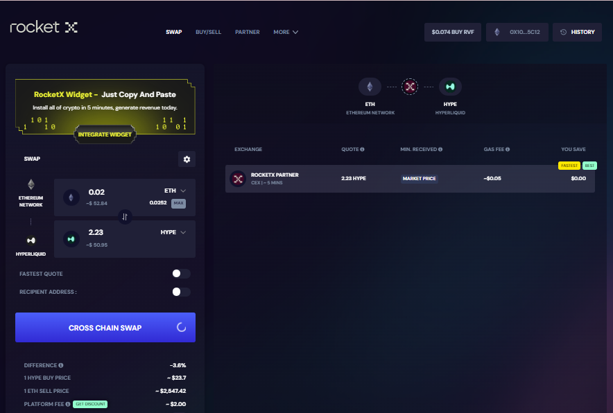 Screenshot showing the RocketX Exchange interface with a cross-chain swap from Ethereum (ETH) to HYPE token on the Hyperliquid network.