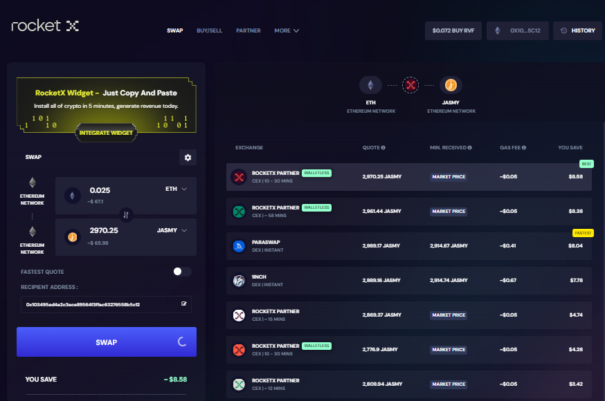 A screenshot of the RocketX Exchange interface showing an ETH to JASMY swap.