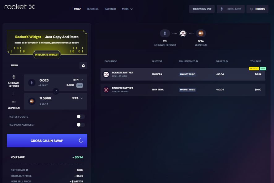 RocketX Exchange interface showing a cross-chain swap from Ethereum (ETH) to Berachain (BERA) with multiple exchange options, quotes, and gas fee details.