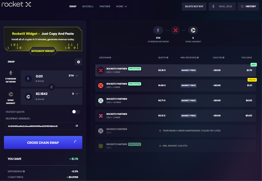 Screenshot of RocketX Exchange showing a cross-chain swap from Ethereum (ETH) to Sonic (S), highlighting different exchange options, gas fees, and the best rates available.