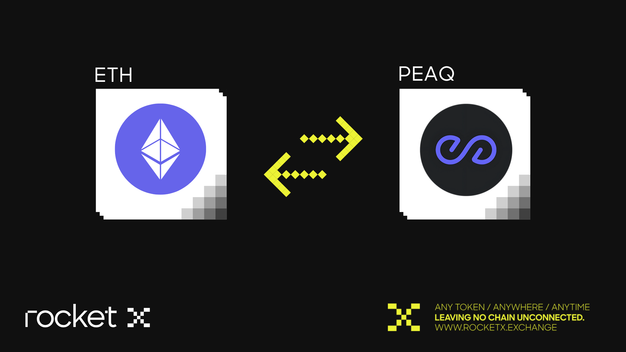 Image showing cross-chain swap between Ethereum (ETH) and Peaq (PEAQ) tokens on RocketX Exchange with a dark background.