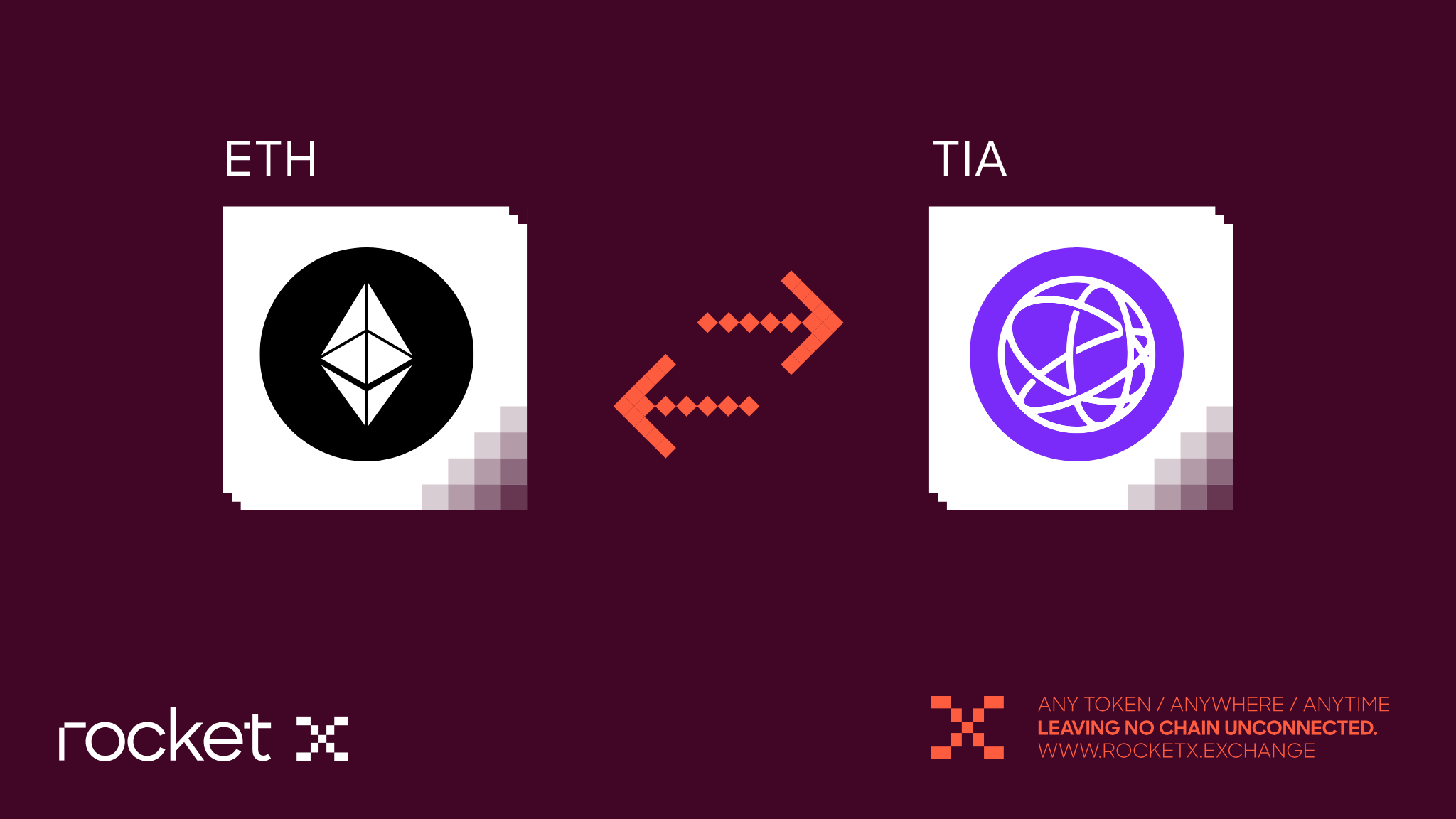 Illustration showing the swap between Ethereum (ETH) and TIA tokens using RocketX Exchange, featuring connected arrows and platform branding.