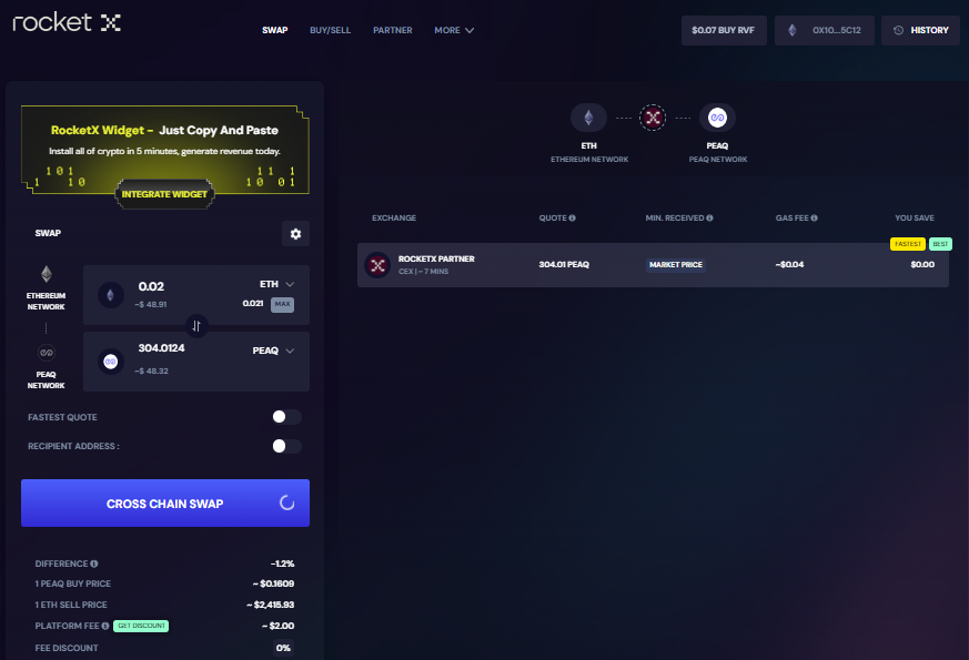 Screenshot of RocketX Exchange showing a cross-chain swap interface for exchanging Ethereum (ETH) to PEAQ tokens with detailed pricing and fee information.