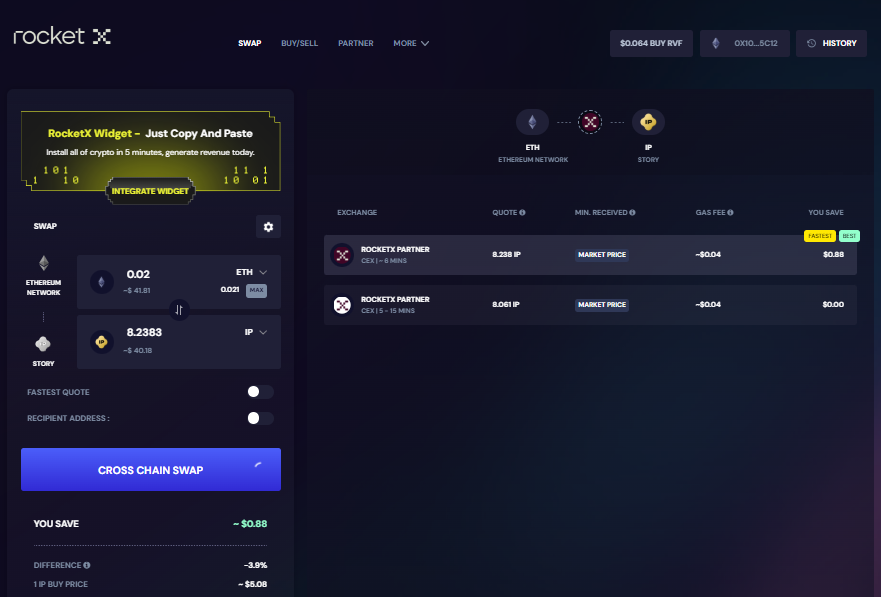 Screenshot showing the RocketX Exchange interface for swapping Ethereum (ETH) to IP tokens on the Story Protocol network. 