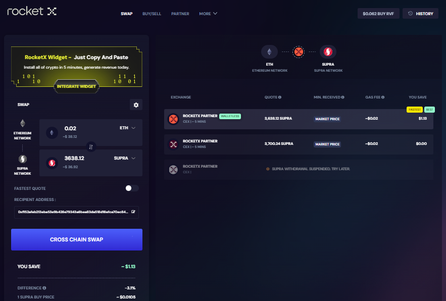 RocketX Exchange interface displaying a cross-chain swap from Ethereum (ETH) to Supra ($SUPRA), featuring wallet integration, real-time market rates, and transaction details.</p>
<p>